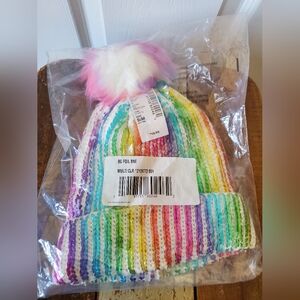 Place White Beanie with Rainbow Stripes